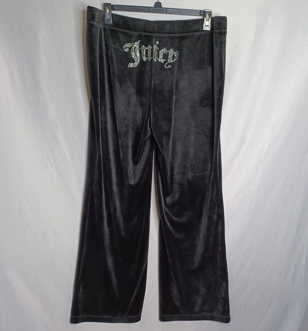 Juicy Couture Track Pants Womens 1X Black Velour Wide Leg Juicy Rhinestone